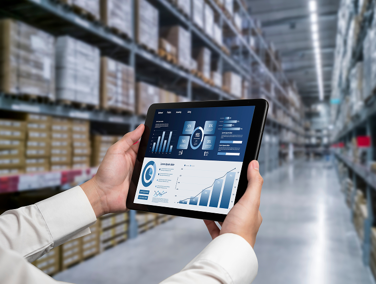 A manager reviewing inventory and asset dashboards on a tablet inside a warehouse